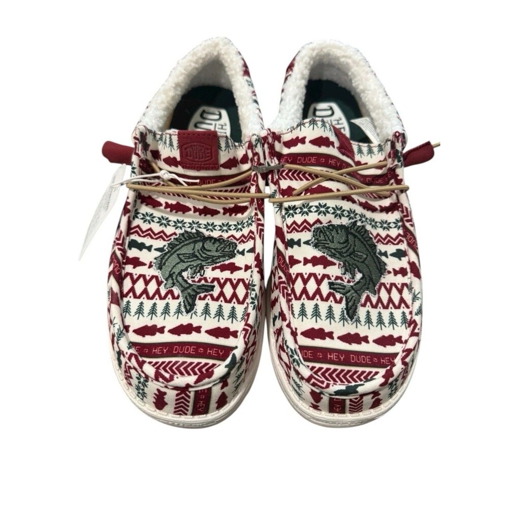 Hey Dude Wally Merry Fishmas Sweater Loafers Men's 9 Red Green Christmas Slip On